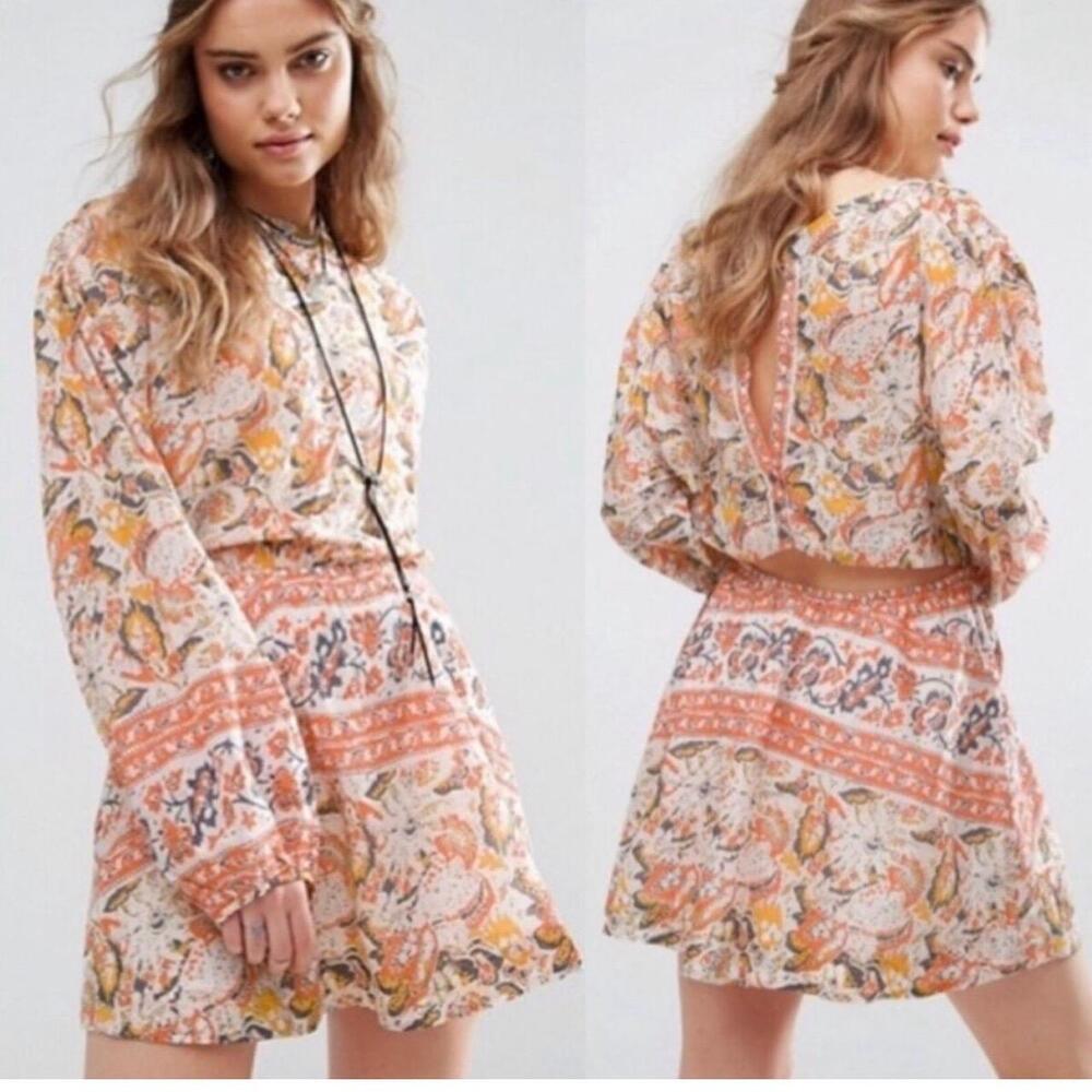 Free People Cut Away Silver Sun Print Mini Dress Washed Ivory Long Sleeve S